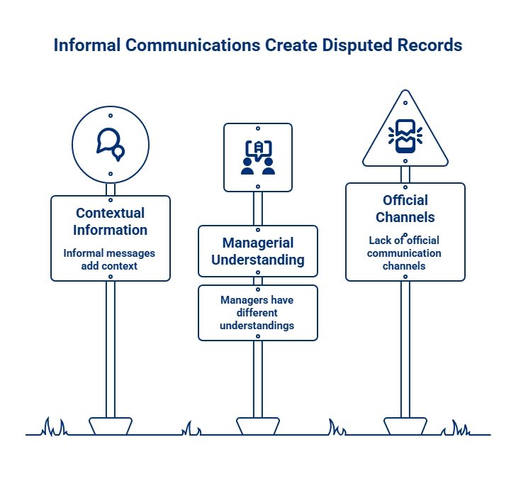 Infographic showing how informal communications can create disputed employment records through contextual messages, differing managerial understandings, and limited official channels.