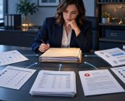 Professional woman reviewing a central employee file surrounded by payroll, schedule, and complaint records.