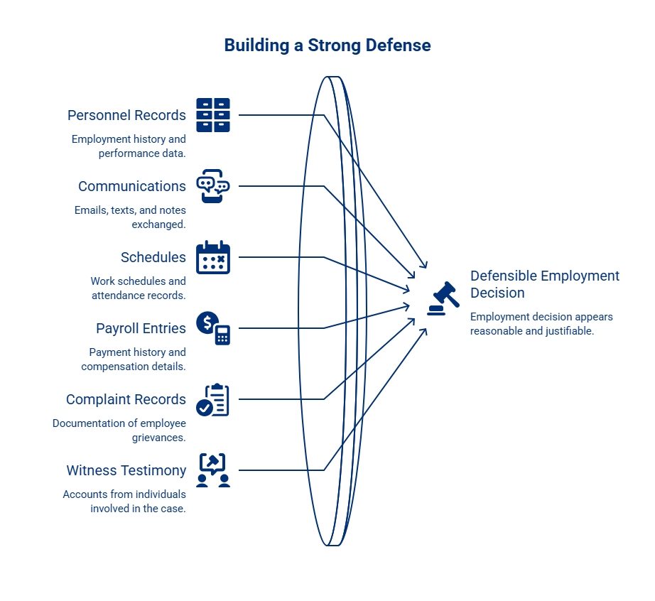 Infographic showing evidence used to support an employment defense, including personnel records, communications, schedules, payroll, complaints, and witness testimony.