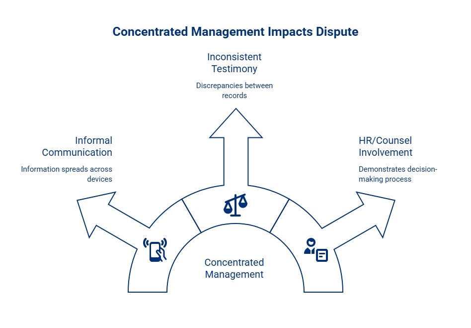 Infographic showing how concentrated management may affect an employment dispute through informal communication, inconsistent testimony, and HR or counsel involvement.