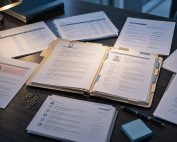 Employment file and HR documents spread across a desk under a lamp, showing payroll, review, and termination records.