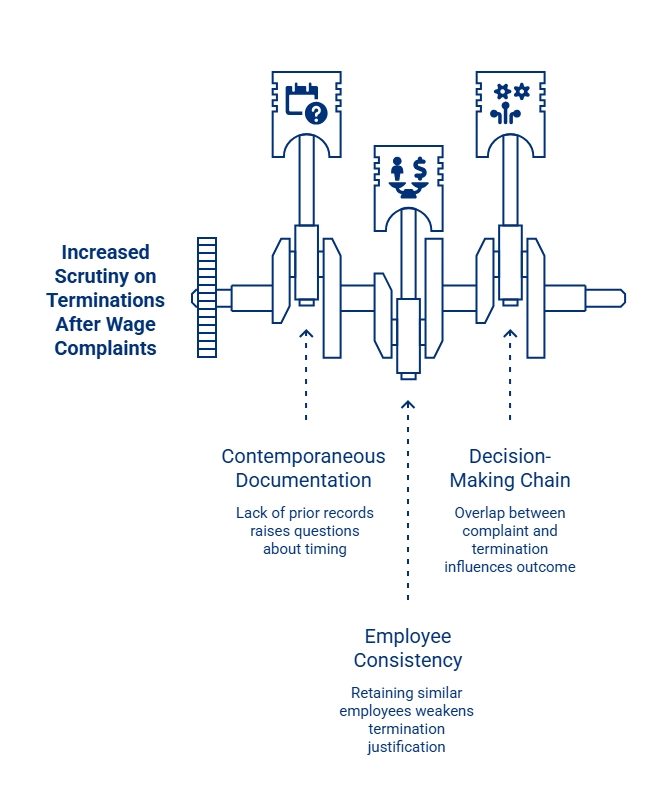 Crankshaft infographic showing increased scrutiny of terminations after wage complaints, focusing on documentation, employee consistency, and the decision-making chain.
