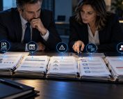 Two professionals review employee records and disciplinary files across a conference table in a dark office.