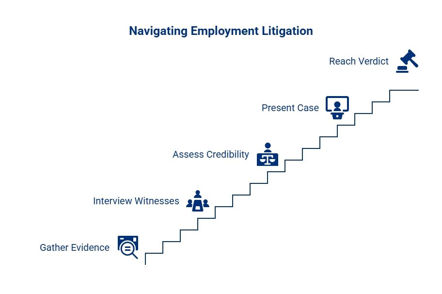 Infographic showing stages of employment litigation, from gathering evidence and interviewing witnesses to assessing credibility, presenting the case, and reaching a verdict.