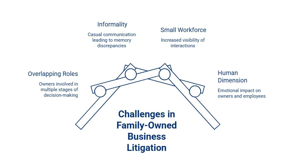 Infographic showing challenges in family-owned business litigation, including overlapping roles, informal communication, a small workforce, and emotional impacts on owners and employees.
