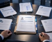 Employment file surrounded by scheduling, communication, performance, and legal records during an employer review.
