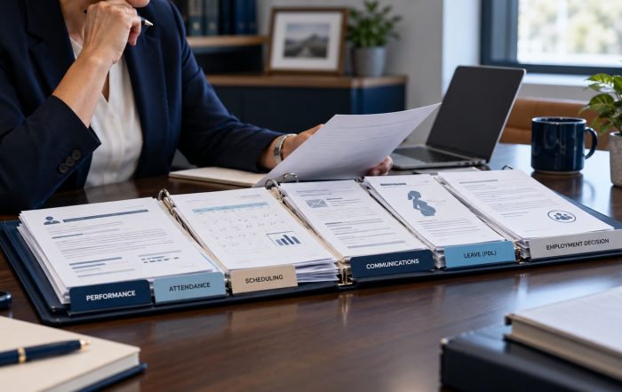 Employer reviewing organized performance, attendance, scheduling, communications, leave, and employment decision records.